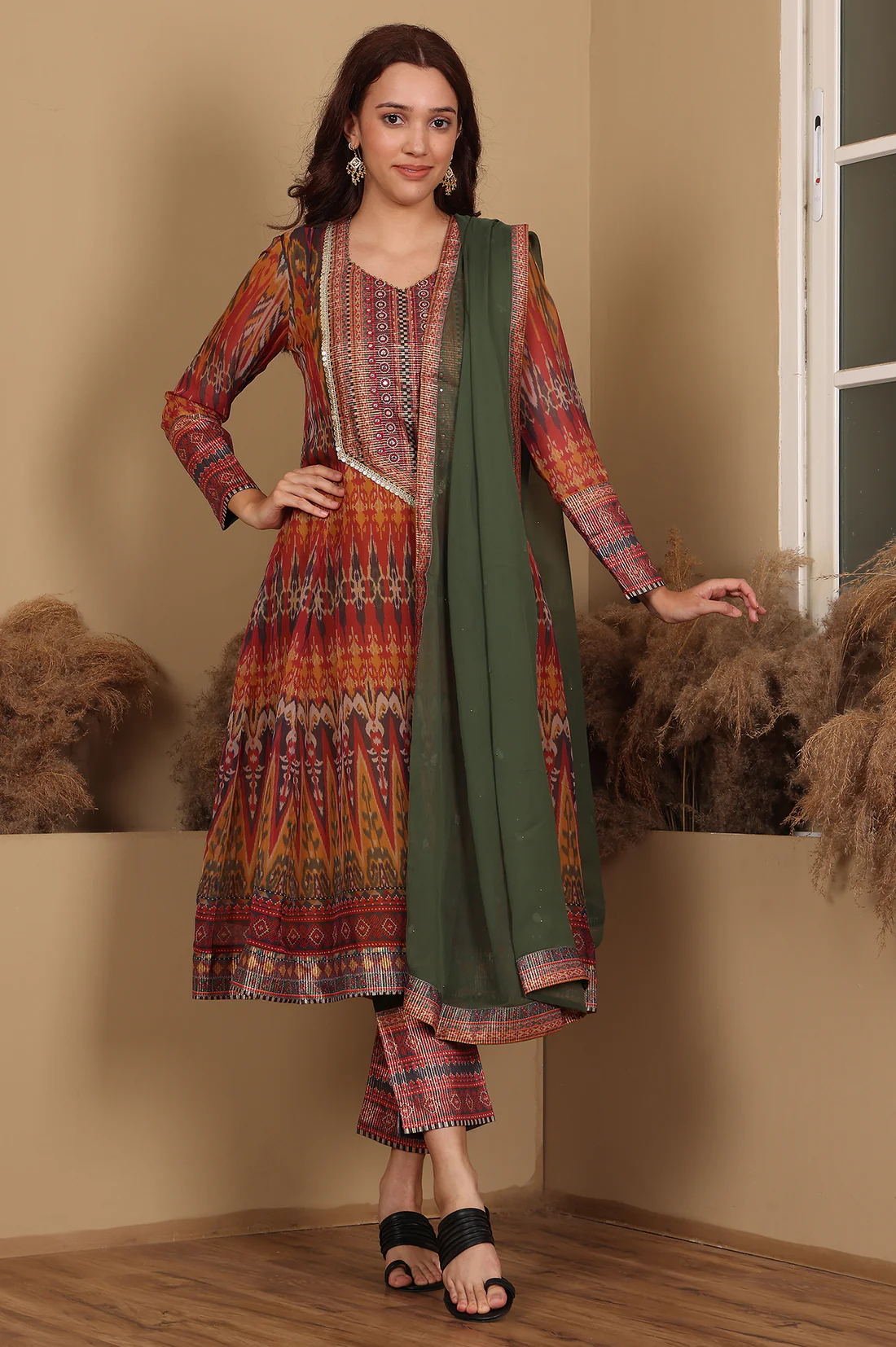 Mustard Yellow Ikat Printed Embellished Organza Anarkali Kurta